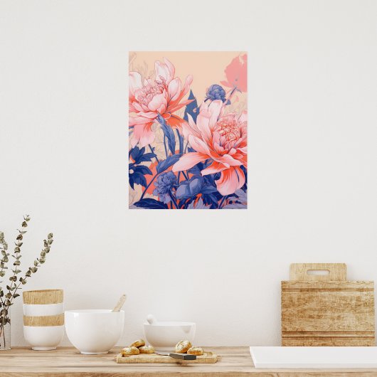 Floral Harmony: een symfonie van roze en blauw Poster (Keuken)