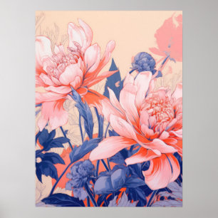 Floral Harmony: een symfonie van roze en blauw Poster