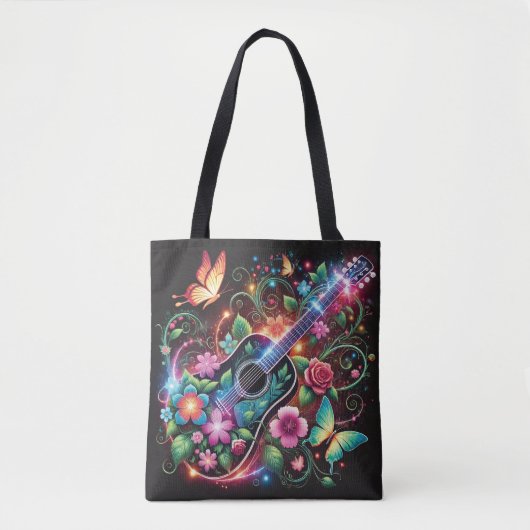 Floral Harmony - Gitaar en Vlinderontwerp Tote Bag (Voorkant)