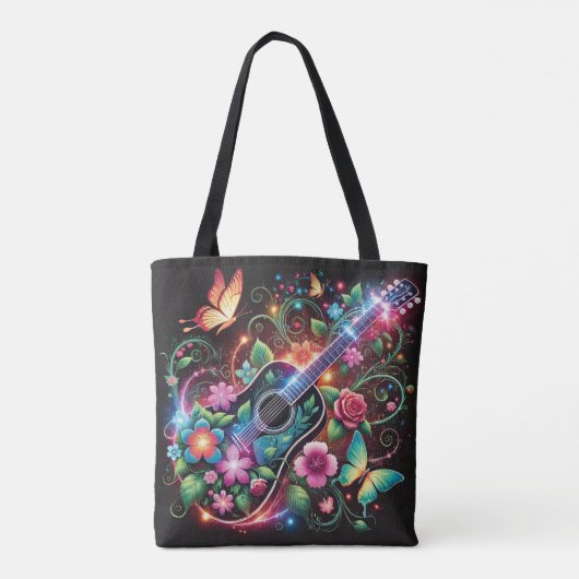 Floral Harmony - Gitaar en Vlinderontwerp Tote Bag (Achterkant)