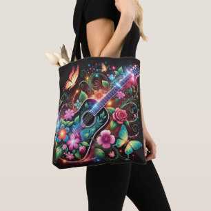 Floral Harmony - Gitaar en Vlinderontwerp Tote Bag