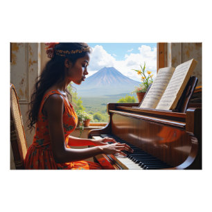 Floral Harmony – Vrouw op piano met Natuur Uitzich Foto Afdruk