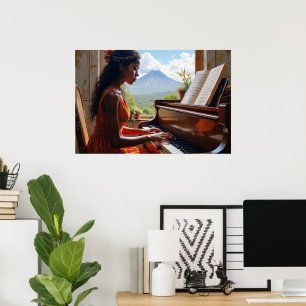 Floral Harmony – Vrouw op piano met Natuur Uitzich Poster