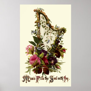  Floral Harp Music Poster