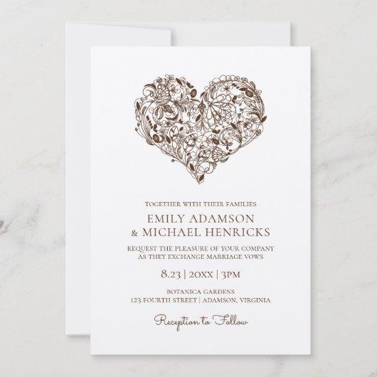 Floral hart bruiloft uitnodigingen | Brown Kraft (Voorkant)