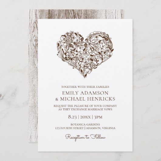 Floral hart bruiloft uitnodigingen | Brown Kraft (Voorkant / Achterkant)