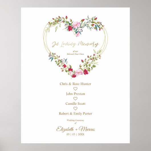 Floral hart in liefdevolle huwelijkstafel in rood poster (Voorkant)