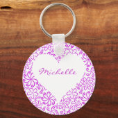 Floral hart in paars wit met een naam sleutelhanger (Voorkant)