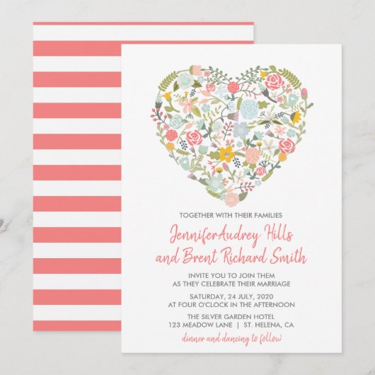 Floral hart lente bruiloft uitnodiging (Voorkant / Achterkant)