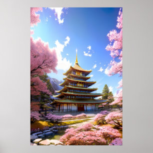Floral Haven, Japanse tempel Poster