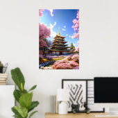 Floral Haven, Japanse tempel Poster (Thuiskantoor)