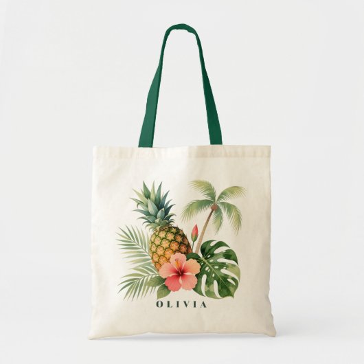 Floral Hawaii Pineapple & Hibiscus Summer Name Tote Bag (Voorkant)