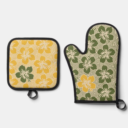 Floral Hawaiian Hibiscus Pinstriped Olive Ovenwant & Pannenlap Set (Voorkant)