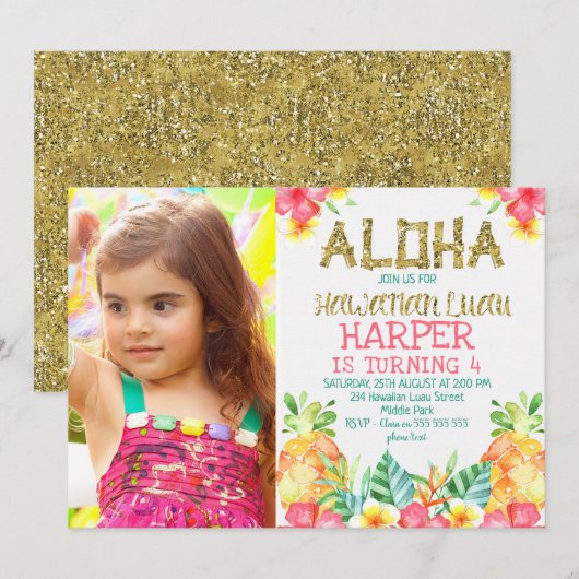 Floral Hawaiian Luau Birthday Uitnodiging (Voorkant / Achterkant)