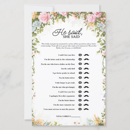 Floral He Said She Said Bridal Shower Game (Voorkant)
