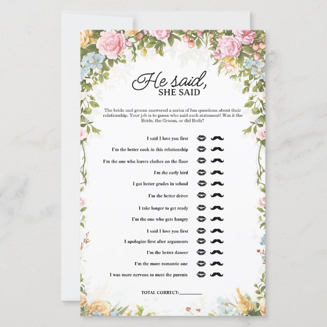 Floral He Said She Said Bridal Shower Game (Voorkant)