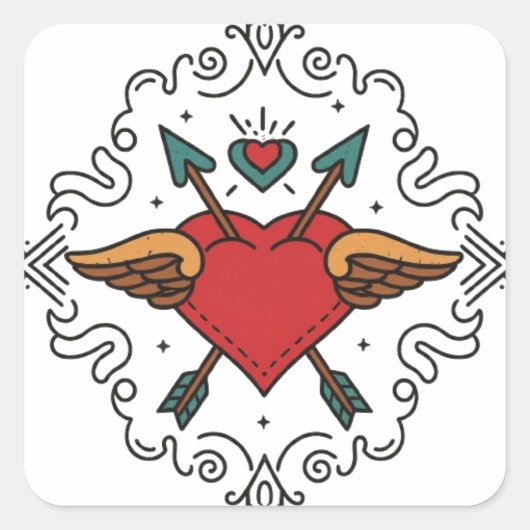 Floral Heart Cupido Tattoo Vierkante Sticker (Voorkant)