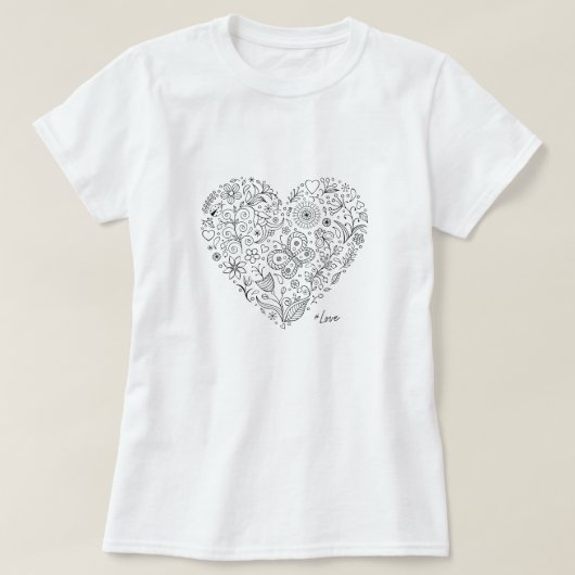 Floral Heart Doodle Romantic Botanical Line Art T-shirt (Design voorkant)