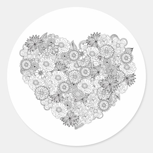 Floral Heart Doodle Ronde Sticker (Voorkant)