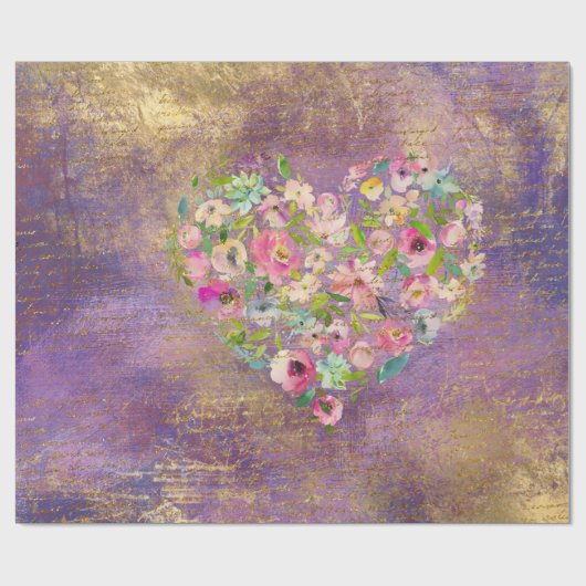 Floral Heart Gold Antiek handschrift Cadeaupapier (Vlak)