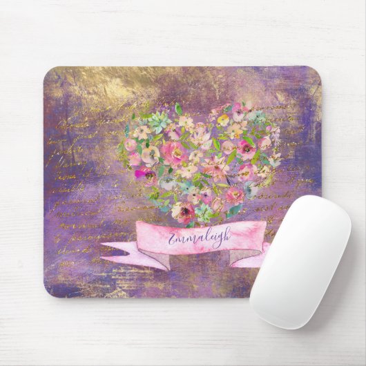 Floral Heart Gold Antiek Handwriting Monogram Muismat (Met muis)