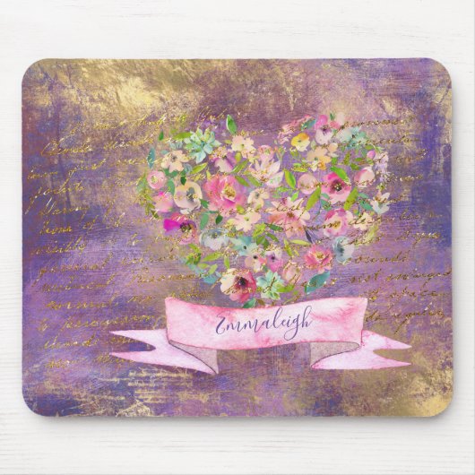 Floral Heart Gold Antiek Handwriting Monogram Muismat (Voorkant)