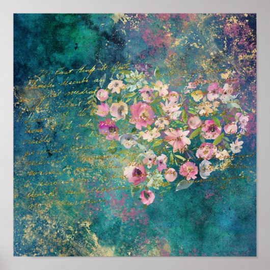 Floral Heart Gold Romantic Handwriting Poster (Voorkant)