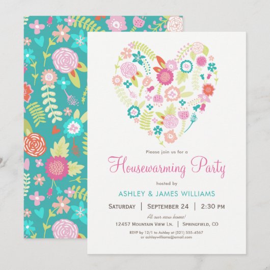 Floral Heart Housewarming Party Uitnodiging (Voorkant / Achterkant)