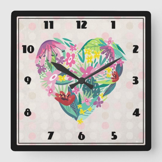 Floral Heart Illustration in Pink and Green Vierkante Klok (Voorkant)