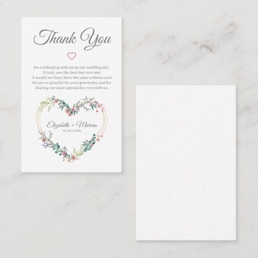 Floral Heart in Pink with Thanks Visitekaartje (Voorkant / Achterkant)