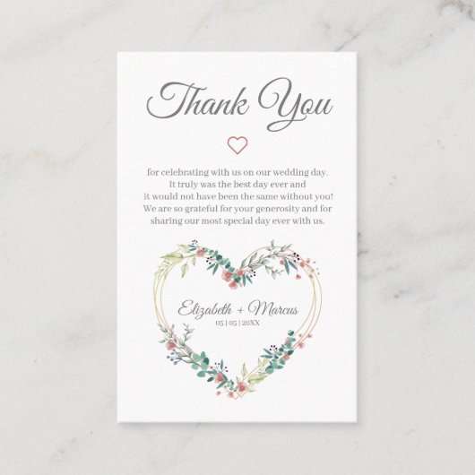 Floral Heart in Pink with Thanks Visitekaartje (Voorkant)