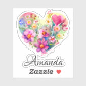 Floral Heart Krans en Naam | Pastel Waterverf Sticker (Vel)
