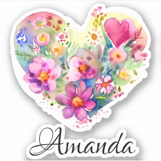 Floral Heart Krans en Naam | Pastel Waterverf Sticker (Voorkant)