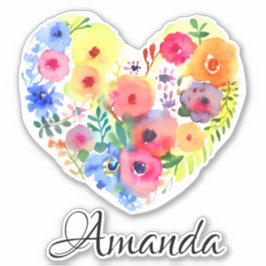 Floral Heart Krans en Naam | Pastel Waterverf Sticker
