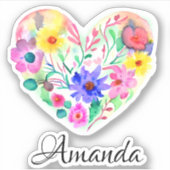 Floral Heart Krans en Naam | Pastel Waterverf Sticker (Voorkant)