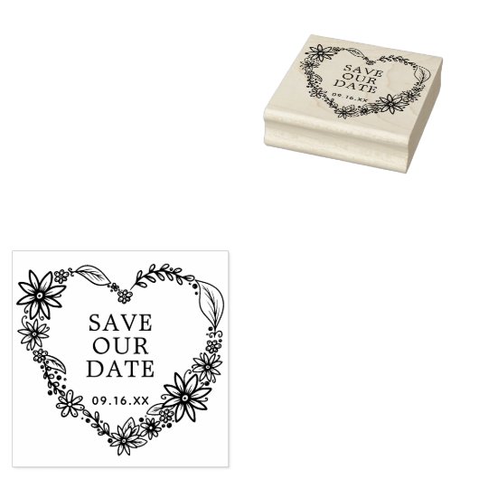 Floral Heart met onze datum opslaan Rubberstempel (Gestempeld)