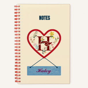 Floral Heart Monogram - Genoemd met letter H Notitieboek