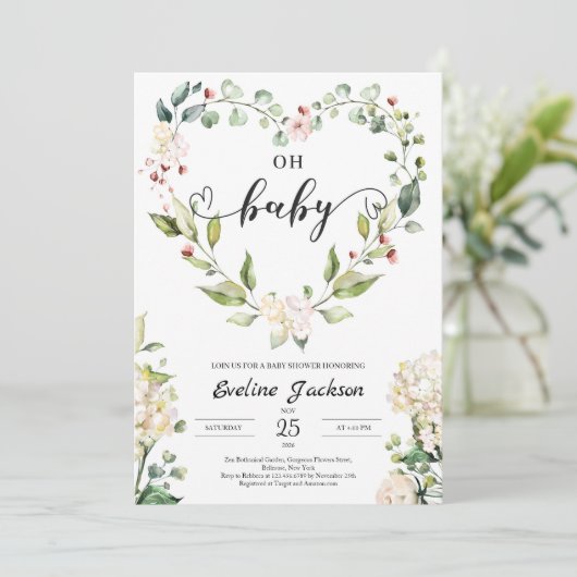 Floral Heart Oh Baby shower Invitation Girl Boho Kaart (Staand voorkant)