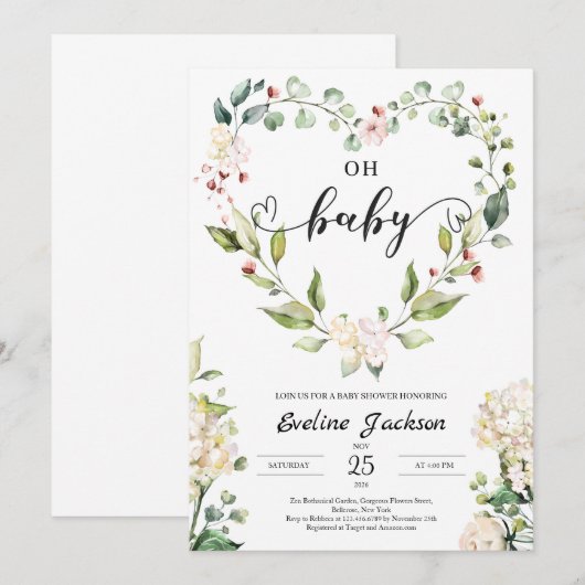 Floral Heart Oh Baby shower Invitation Girl Boho Kaart (Voorkant / Achterkant)