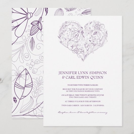 Floral Heart Paarse Wedding Kaart (Voorkant / Achterkant)