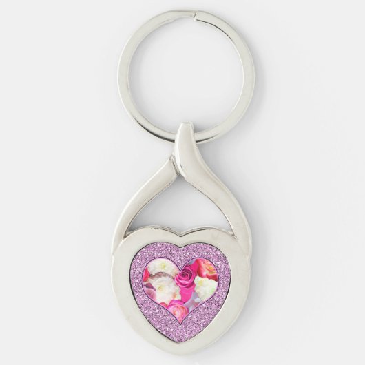 Floral Heart Pink & Lavender Faux Glitter Sleutelhanger (Voorkant)