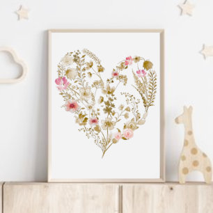 Floral Heart Pink Neutral Girl Nursery Decor Poster