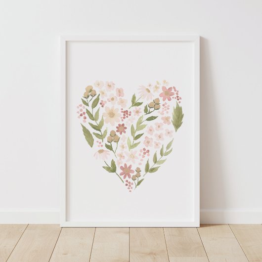 Floral Heart Pink Neutral Girl Nursery Decor Poster