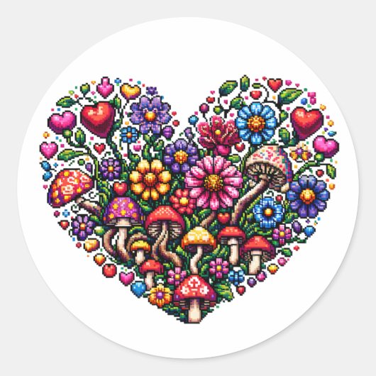 Floral Heart Pixel Art Ronde Sticker (Voorkant)