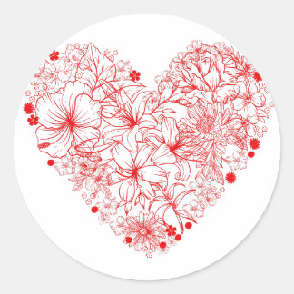 Floral Heart, Red Flowers Heart Ronde Sticker