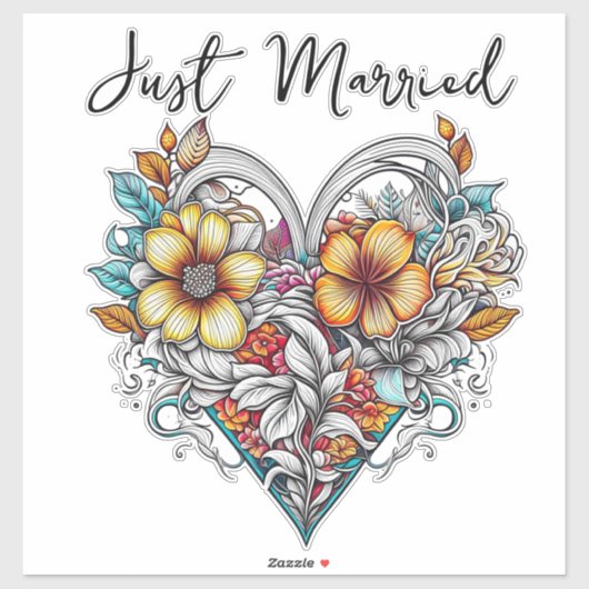 Floral Heart Romantic | Just Married Sticker (Vel)