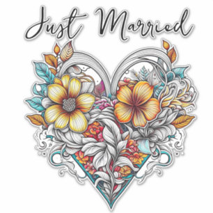 Floral Heart Romantic   Just Married Sticker