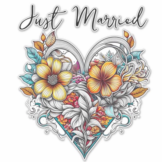 Floral Heart Romantic | Just Married Sticker (Voorkant)