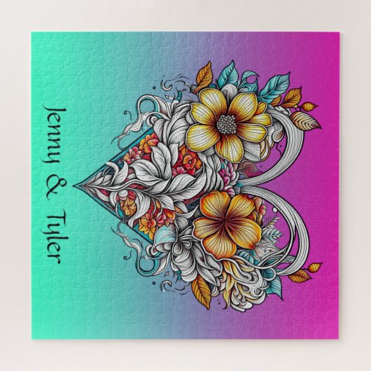 Floral Heart Romantisch gepersonaliseerd Legpuzzel (Horizontaal)