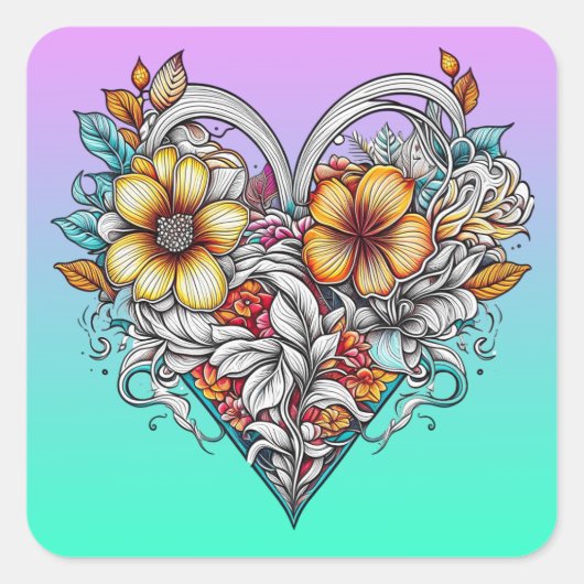 Floral Heart Romantisch Vierkante Sticker (Voorkant)